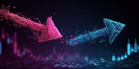 Colorful digital arrows representing upward and downward market trends with a dark background