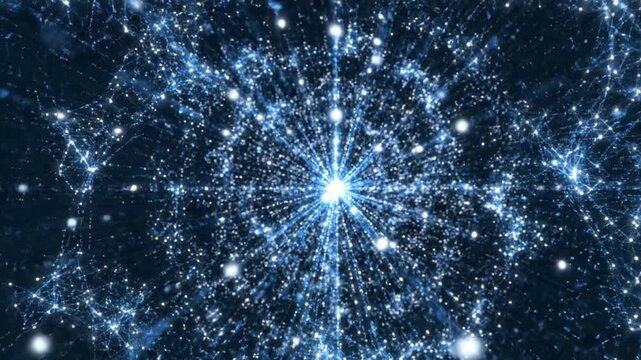 Abstract Digital Neural Network Connection Loop. Seamless 4K animation of glowing blue data flowing between white nodes, representing AI, Big Data, Machine Learning, and Global Technology. AI Generate