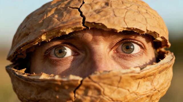 Human eyes visible through cracked walnut shell mask in conceptual close-up
