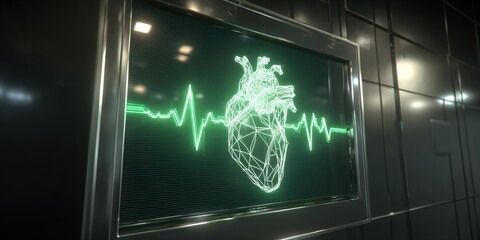 Digital heart monitor displaying a glowing wireframe heart with heartbeat line in a modern medical setting