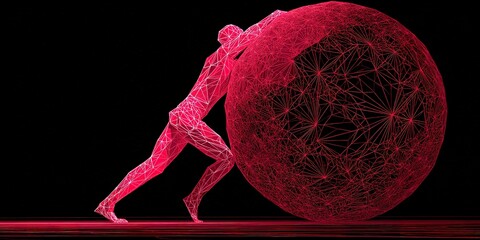 Dynamic figure pushing a glowing sphere in a digital art style showcasing strength and determination