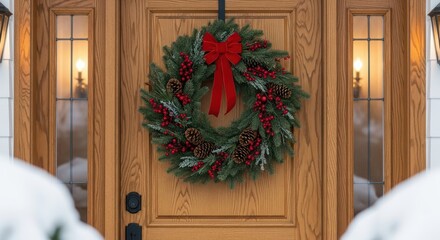 Christmas wreath hanging on a front door with snow in winter