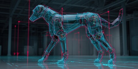 Robotic dog design showcases advanced technology in a modern studio environment