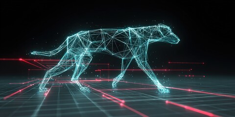 Digital representation of a dog walking through a virtual environment with glowing lines and geometric patterns