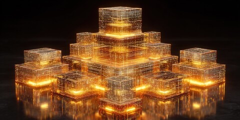 Golden geometric structure illuminated against a dark background showcases intricate patterns and light reflections