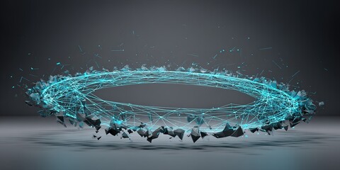 Digital artwork showcases a futuristic energy ring with glowing particles and sharp crystal-like fragments against a dark background