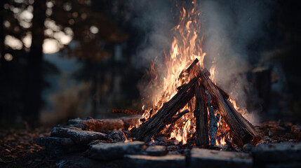 Naklejka premium Large Dramatic Bonfire with Tall Flames Burning Intensely Outdoors at Night