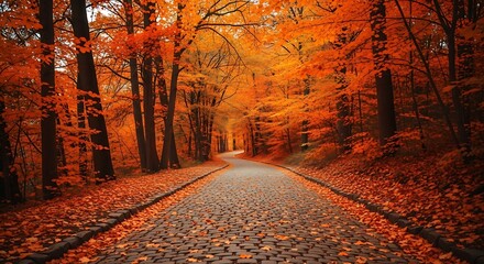 Winding cobblestone path through vibrant orange autumn forest fall road 1