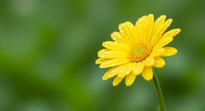 Yellow daisy flower with water droplets on petals green background image