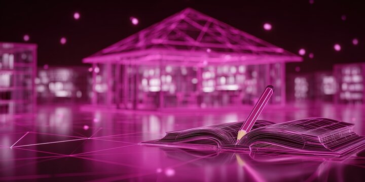 Digital book and modern library design with glowing effects at night
