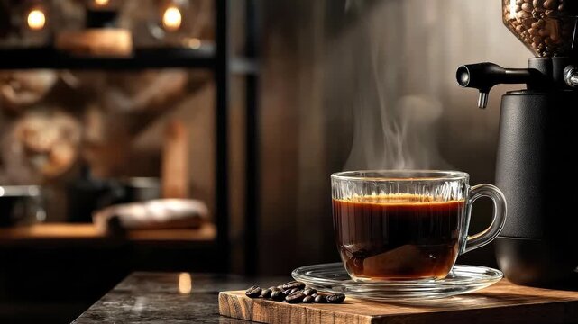 Aromatic dark coffee steaming in clear glass, freshly roasted whole beans rest on wood, a grinder stands nearby, preparing warm espresso beverage for a cozy morning.