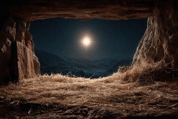 Empty Wooden Manger Under Bright Star in Cave Entrance at Night