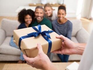 Group of friends smiling as one hands a wrapped gift in a cozy living room.