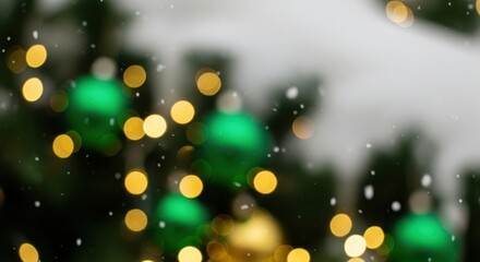 Close up of green and gold christmas ornaments with bokeh and snow effect