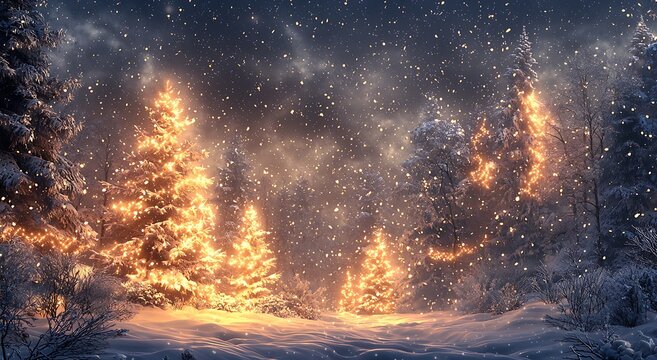 Snowy holiday trees glowing warmly in serene winter wonderland evening picture