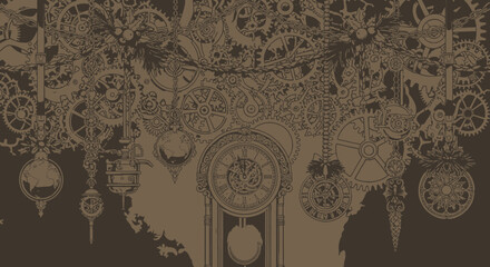 Whimsical steampunk holiday scene featuring intricate gears, antique clock, globe ornaments, and festive holly accents, perfect for creative seasonal designs.