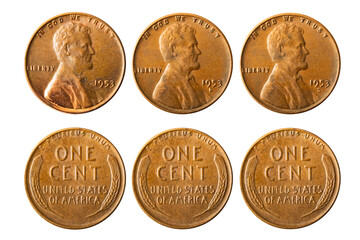 Isolated photo of 1 Lincoln wheat cent USA 1953 P, D and S coins on white background.