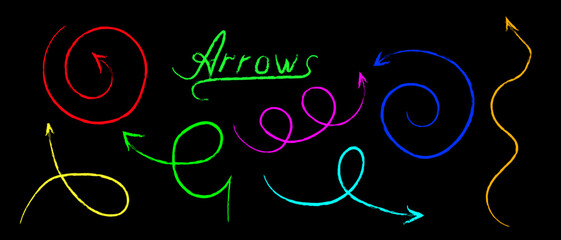 Hand drawn colorful chalk arrow set. Doodle pointer collection. Directional symbol design element. Vector illustration for banner, poster, sticker