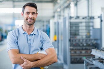 Obraz premium Smiling man in blue polo stands with arms crossed in an industrial setting