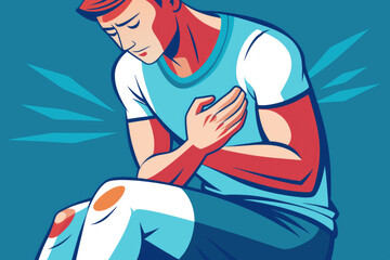 A man holding his chest and injured knee, indicating multiple pain points, a medical issue