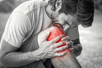 A man with a sore knee, highlighted by a bright red highlight on the injured area