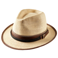 Straw fedora hat with brown leather band isolated on transparent background, a stylish accessory for sun protection