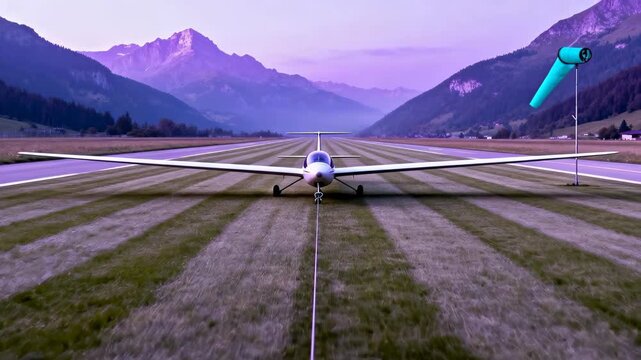 Wide shot of a glider airplane on a grass runway with a windsock at a mountain airfield at sunrise