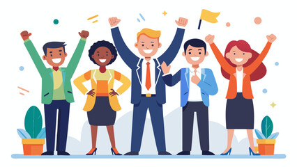 Diverse group of happy business professionals celebrating success with raised arms and joyful expressions
