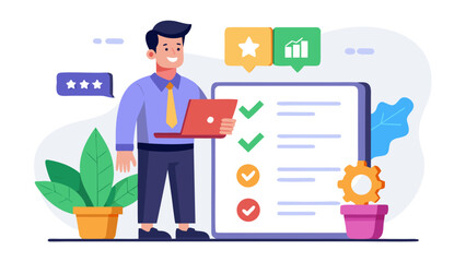 Happy businessman with laptop reviewing checklist with checkmarks and star rating icons representing success