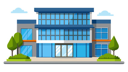 Modern office building exterior with large glass windows and blue accents on a clear day