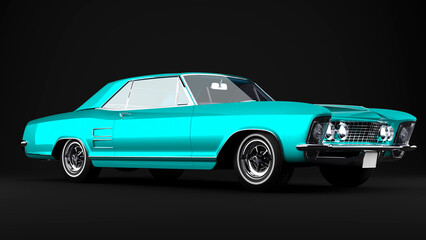 cyan old retro car on black background front view