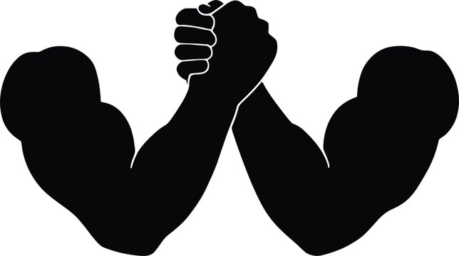 Two Black Silhouettes Arm Wrestling On White Background arms battle