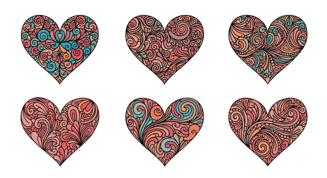 Collection of six intricately patterned hearts in a colorful, vintage style.