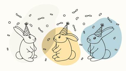 Watercolor seamless pattern, cute bunnies with party hats and confetti, white background