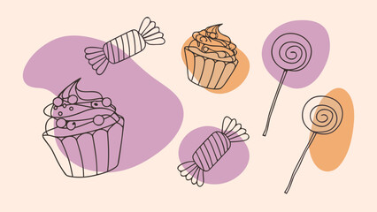 Watercolor seamless pattern, colorful cupcakes and candy, light pastel background