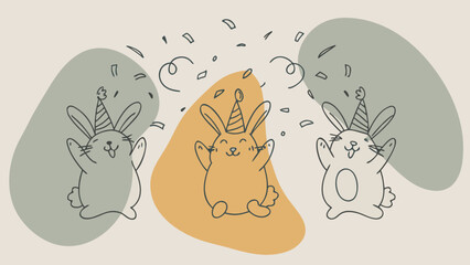 Watercolor seamless pattern, cute bunnies with party hats and confetti, white background