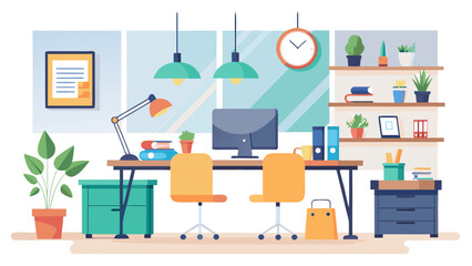 Modern home office workspace with computer desk chairs plants and shelves filled with books and decor