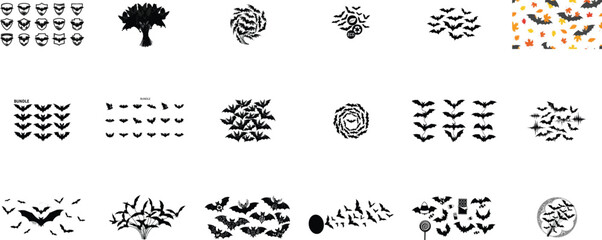 Flying bats and autumn leaves black