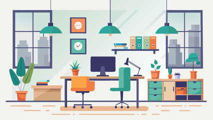 Modern flat design illustration of a home office with a desk computer chairs plants and city view
