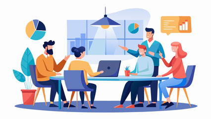 Diverse team collaborating around a table in a modern office discussing charts and data on a laptop