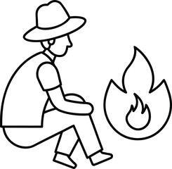 Traveler Sitting by Campfire Minimal Line Art Outline Design