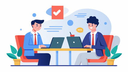 Two smiling businessmen in suits working on laptops at a table with plants and a checkmark icon above them