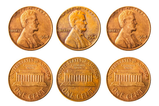 Isolated photo of 1 Lincoln memorial cent USA 1964 P, D and S coins on white background.