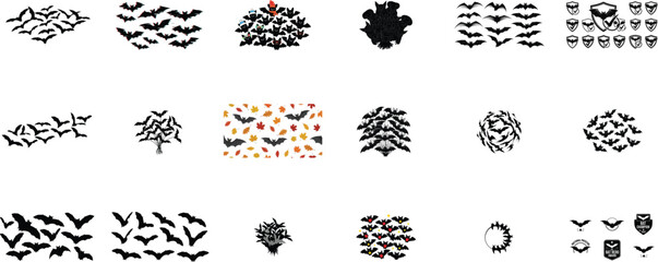 Flying bats and autumn leaves flock swarm
