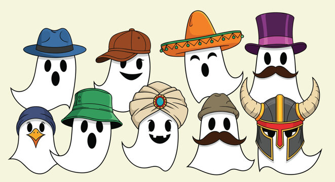 A group of cartoon ghosts dressed in various hats and costumes celebrating Halloween or a costume party.
