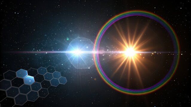 Stunning cosmic spectacle with radiant starburst, rainbow lens flare, and futuristic hexagonal panel array in deep space