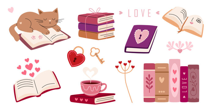 Romantic set with books, cat, hearts, tea cup, flowers. Design for Valentine day, book lovers, reading blogs, stickers, planner, greeting cards. Vector illustration