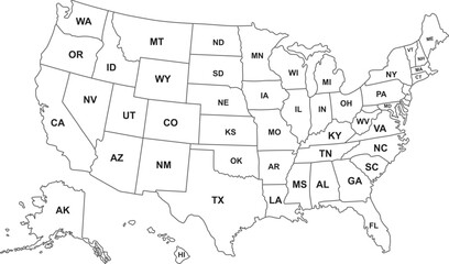 Detailed black and white map of the United States of America with 50 states and two-letter abbreviations for easy identification, educational resources, geographic projects,