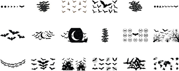 Flying bats moon crescent haunted houses vector