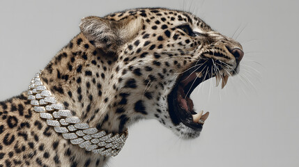 Close-up of a roaring leopard wearing a stylish silver chain necklace showcasing wild animal power and urban fashion fusion